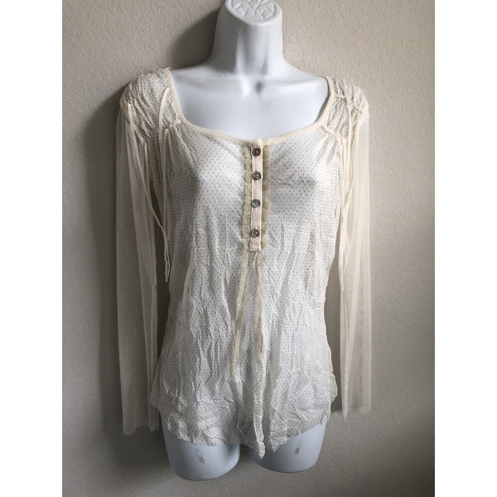 EUC Sun Light White Sheer Polka Dot with Shoulder Ties Long Sleeve Blouse Size 1